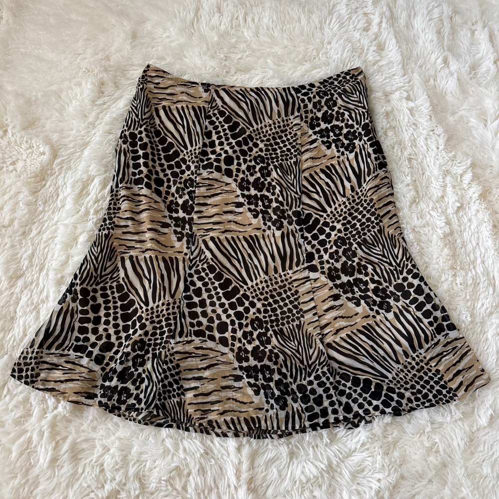 Kim Rogers Animal Print Midi Skirt Large Tan Black Zebra Leopard A-Line Lined